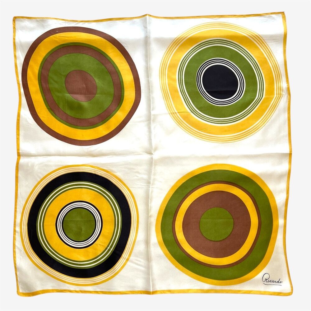 Vtg Ricardo scarf 70s geometric circles square browns, greens